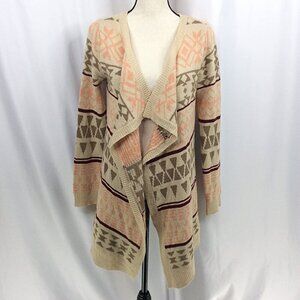 Papaya Open Front Duster Cardigan Sweater Womens Size Medium Beige Aztec Western